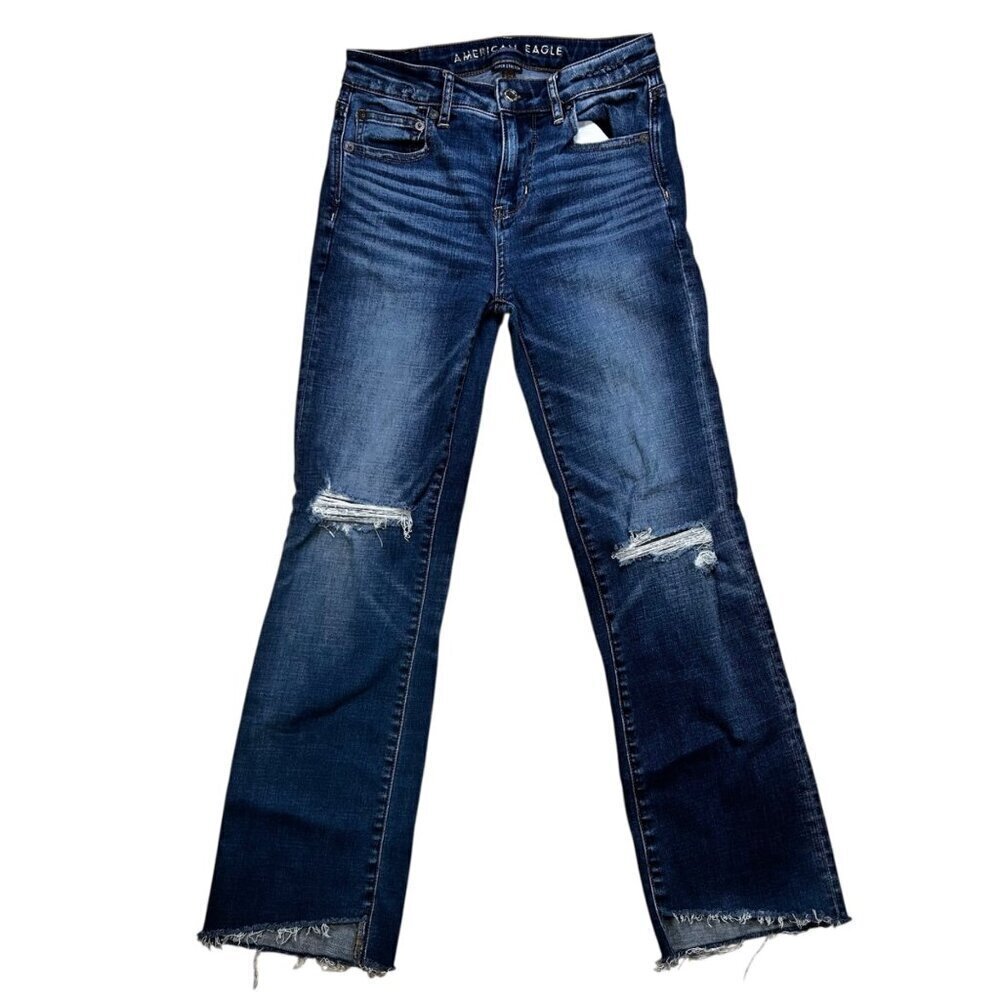 American Eagle Hi-Rise Crop Flare 0 Jean Distressed Dark Wash
